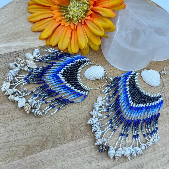 Handmade Beaded Long Tassel Fringe Dangle Drop Mermaid Post Shell Earrings - Picture 5 of 7